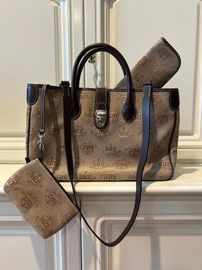 Dooney & Bourke Tan Logo Canvas Tote with Dark Brown Trim